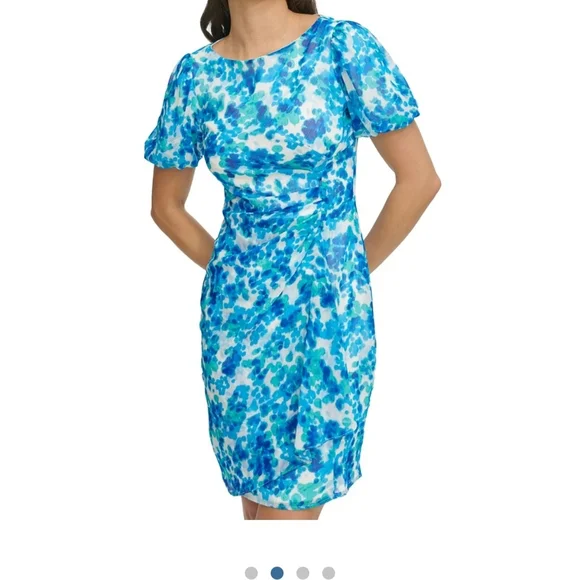 Dkny Blue Sheath Midi Dress with Puff Sleeves - Picture 1 of 7